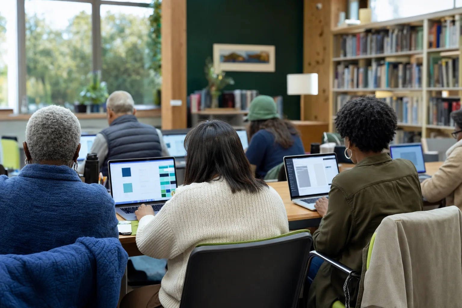 A diverse group working together on laptops in a community library